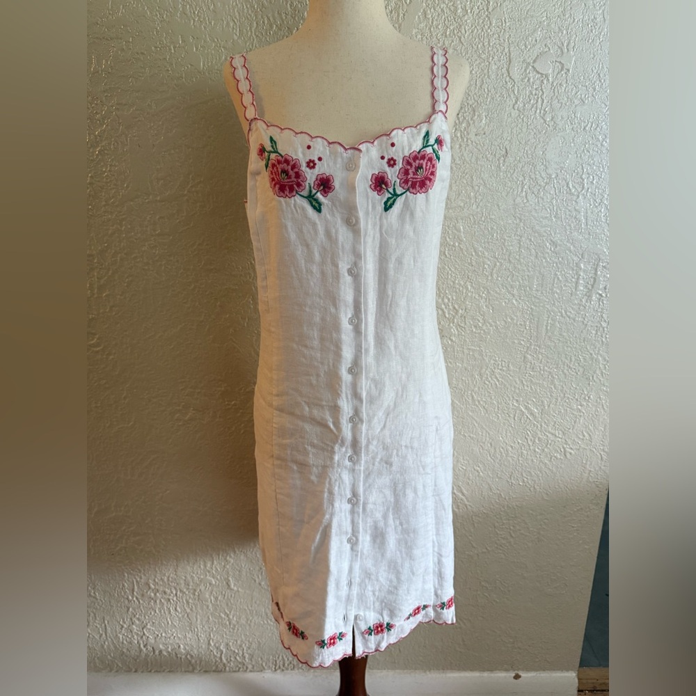 J. Crew White 100% Linen Mini Dress with Red and Pink Floral Embroidery